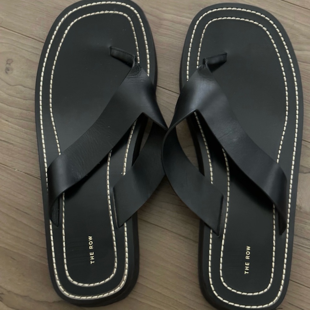 The Row Black Leather Flip-Flops